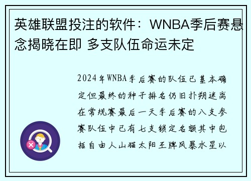 英雄联盟投注的软件：WNBA季后赛悬念揭晓在即 多支队伍命运未定